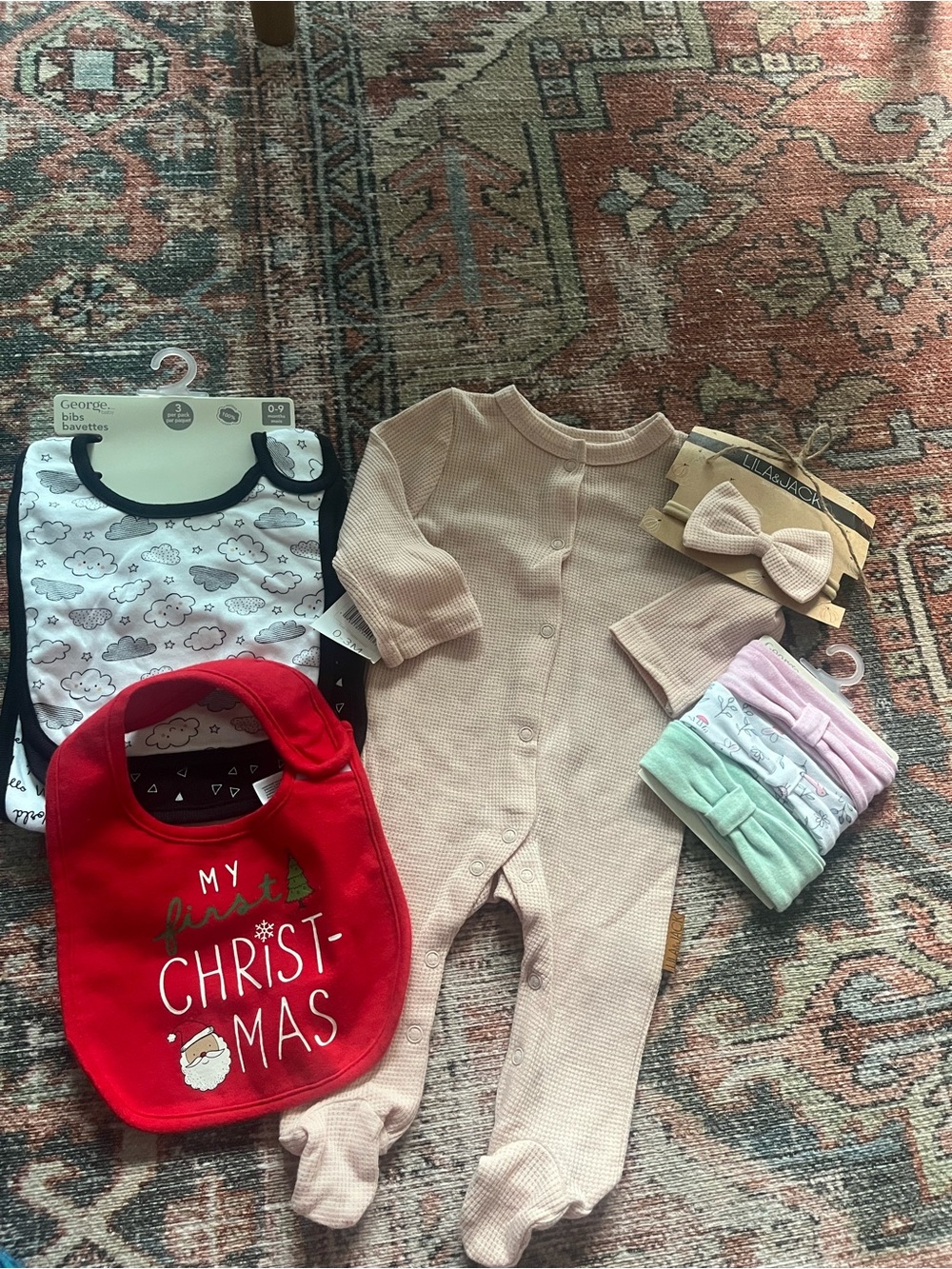 Lila & Jack Neutral Waffle-Knit Baby Footed One-Piece with Pastel Accessories